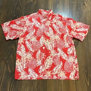 BAMBOO CAY Mens Hawaiian Shirt Large Red Pineapple Print Modal Blend Aloha Top